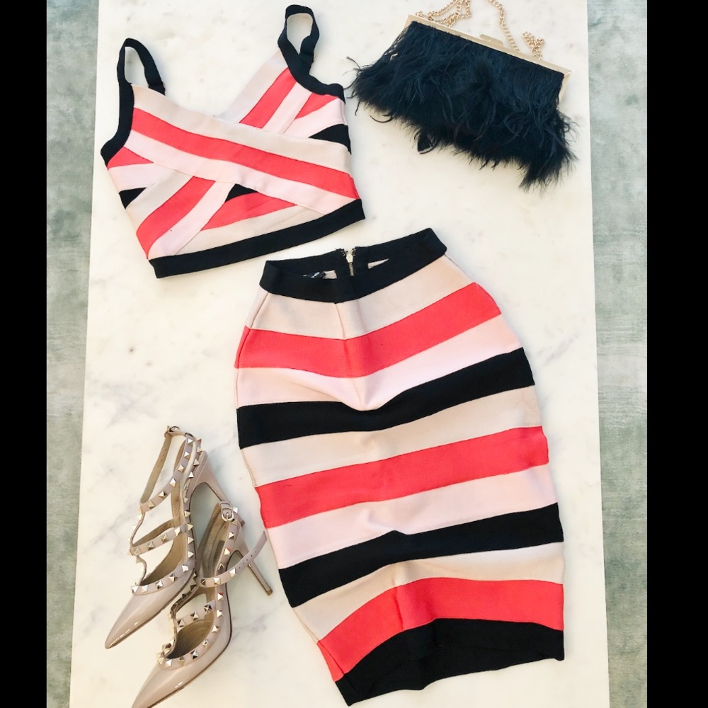 BEBE CYNTHIA COLORBLOCK BANDAGE BODYCON TOP SKIRT DRESS